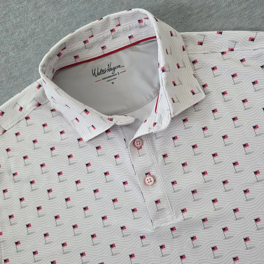 Walter Hagen Mens Performance 11 American Flag Golf Pin Polo Shirt White Size M - Picture 1 of 9